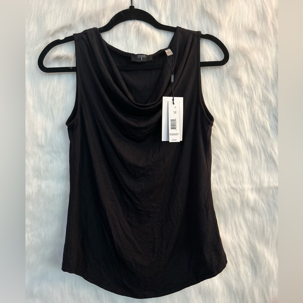 Tahari T Black Sleeveless Ruched Cowl Neck Top size Small. NWT